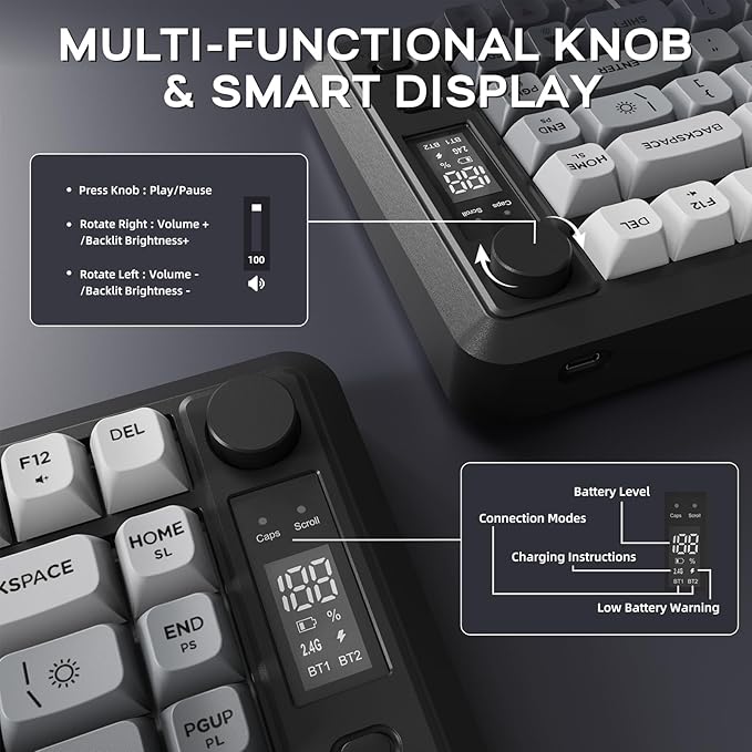 M75 Wireless Mechanical Feel Gaming Keyboard Bluetooth/2.4Ghz Membrane with Knob &amp OLED Display Rainbow Backlit Gradient PBT Keycaps 2000mAH Battery Anti-Ghosting-Moonnight