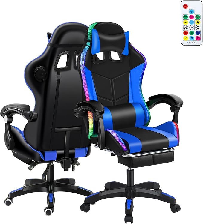 Gaming Chair Office Chair with Foot Rest Pocket Spring Cushion Speakers Ergonomic Chair Massage Chair Multiple Led Light Gaming Chairs for Adults 350lbs Black Blue