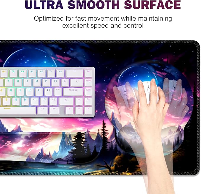Gaming Mouse Pad Large Desk Mat Cute Desk Pad Protector 4in1 XXL Mousepad + Keyboard Wrist Rest+Mouse Wrist Rest+Coaster Set with Ergonomic Desk Pad for Home Office Table Computer Purple Hill