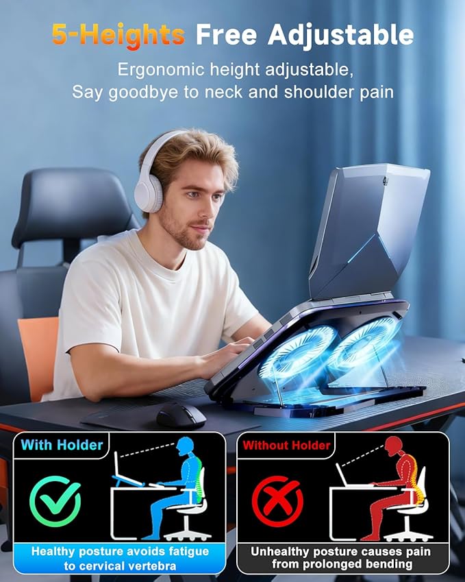 Upgraded Laptop Cooling Pad with Dual TEC Cooler Gaming Laptop Cooler 2 Powerful Turbo Fans Fast Cooling Laptop 12-21in 5 Height Stands 100 Gear Speed Adjust LCD Screen RGB Phone Holder