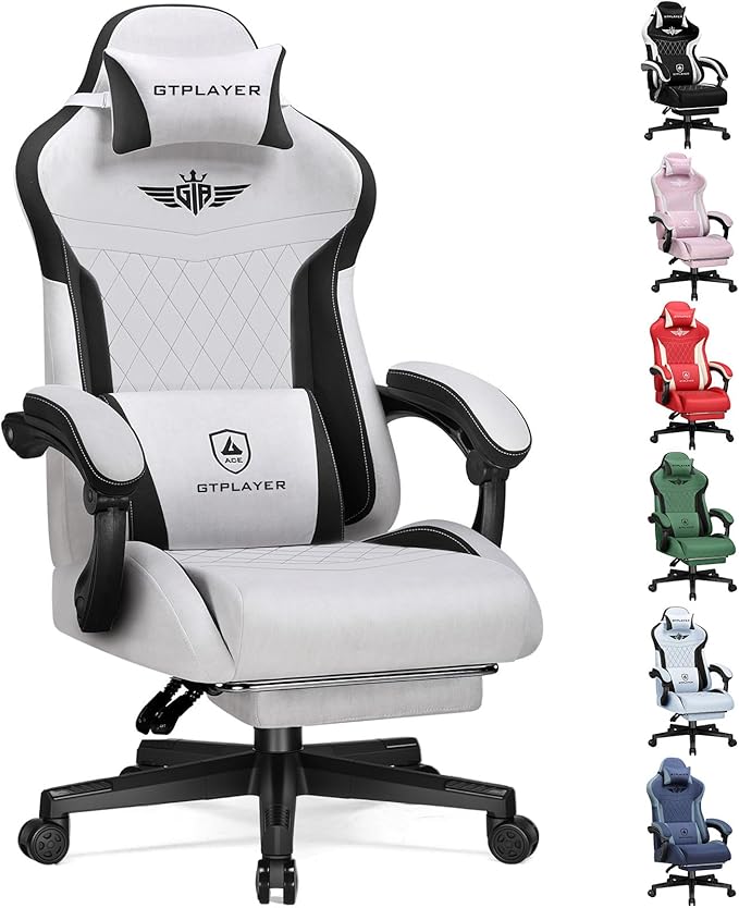 GTPLAYER Gaming Chair with Footrest Big and Tall Game Chair High Back Computer Office Chair with Lumbar Support for Adults Ergonomic Swivel Games Chair with Cushion Gaming Fabric Grey