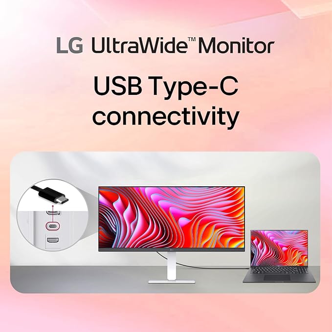 LG 34“ UltraWide IPS Monitor 21:9 WFHD (2560 x 1080) Display 100Hz Refresh Rate VESA DisplayHDR 400 HDR10 Flicker Safe USB Type-C HDMI DisplayPort Height/Swivel/Tilt Adjustable Stand White