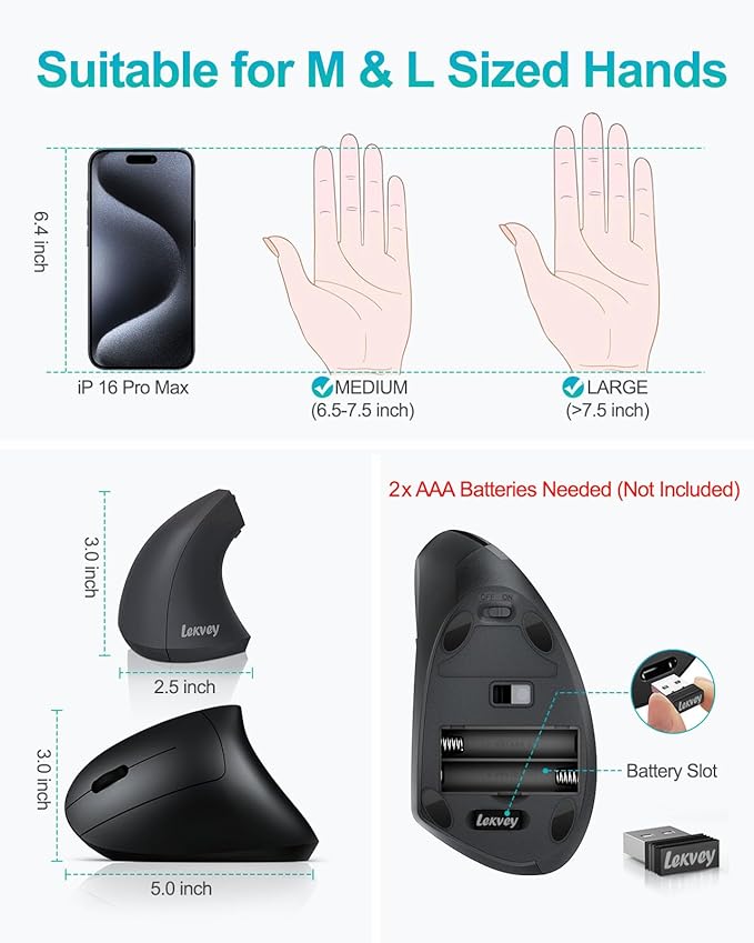 Lekvey Left Handed Ergonomic Mouse Vertical Wireless Mouse for Left Hand 2.4G USB Carpal Tunnel Lefty Mouse 3 Adjustable DPI 6 Buttons for Laptop PC Computer Mac Windows Desktop - Black