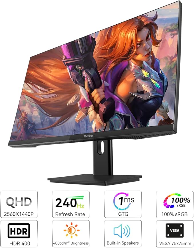 27 Inch 2K 240Hz QHD 2560x1440P Gaming Monitor 1ms 400cd/m² 100% sRGB PC Screen AMD FreeSync Premium Pro Compatible 2X DispalyPort 1.4 &amp HDMI 2.0 Dual Built-in Speakers VESA Supports Black