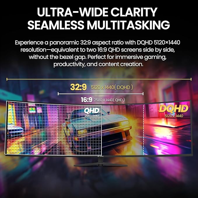 CRUA 49 Curved Gaming Monitor | DQHD(5120 * 1440) 144Hz/165Hz 1500R 32:9 AMD FreeSync 120% sRGB Height Adjustable Ultra-Wide Screen Monitors HDMI 2.1 &amp DP 1.4 Wall Mount Install- Black