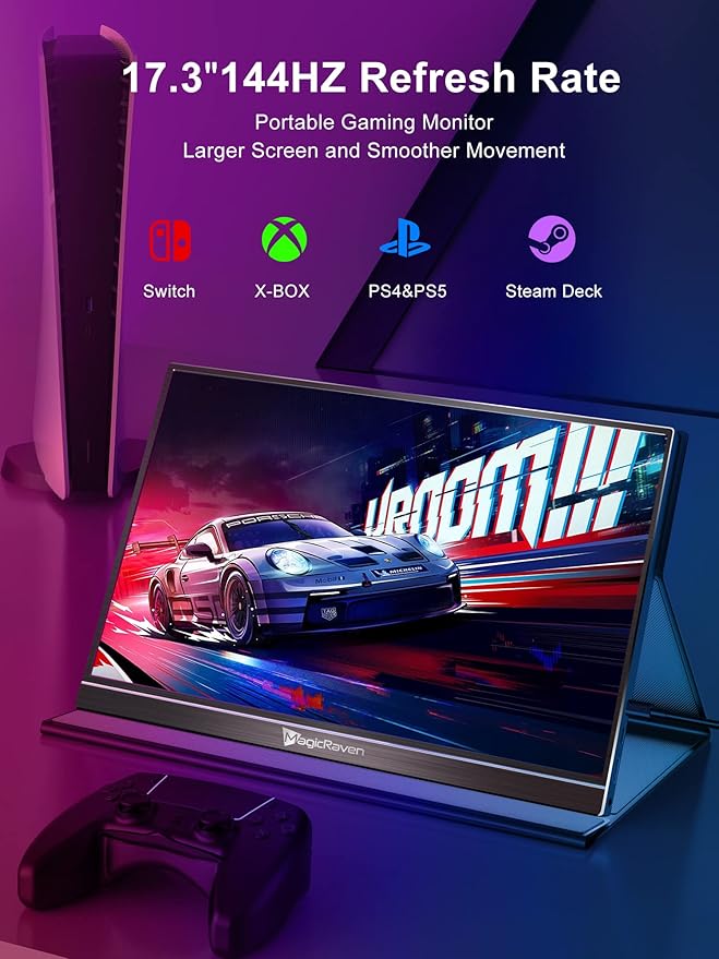 144HZ Portable Gaming Monitor 17.3 1080P Laptop Monitor Dual USB C HDMI Second Computer Screen VESA Gaming Display with Speakers Travel Monitor for PS4/5 Xbox Switch MAC PC Phone