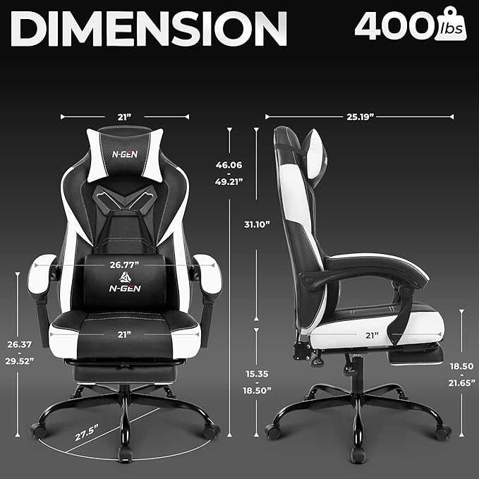 N-GEN GAMING Video Gaming Chair Big and Tall Office Computer Desk Chairs with Ergonomic Lumbar Support High Back Recliner and Footrest for Adults (White)