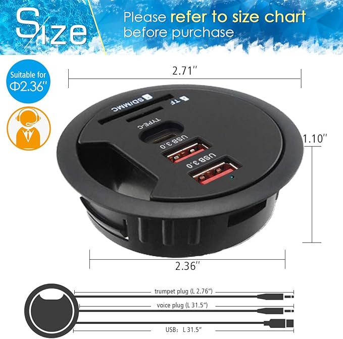 Grommet Desk-Fit USB 3.0 Hub (Diameter 2.36 or 60MM) 2 Port Type-A and 1 Port Type-C with SD/TF Card ReaderCompatible Charging and Data Transmission