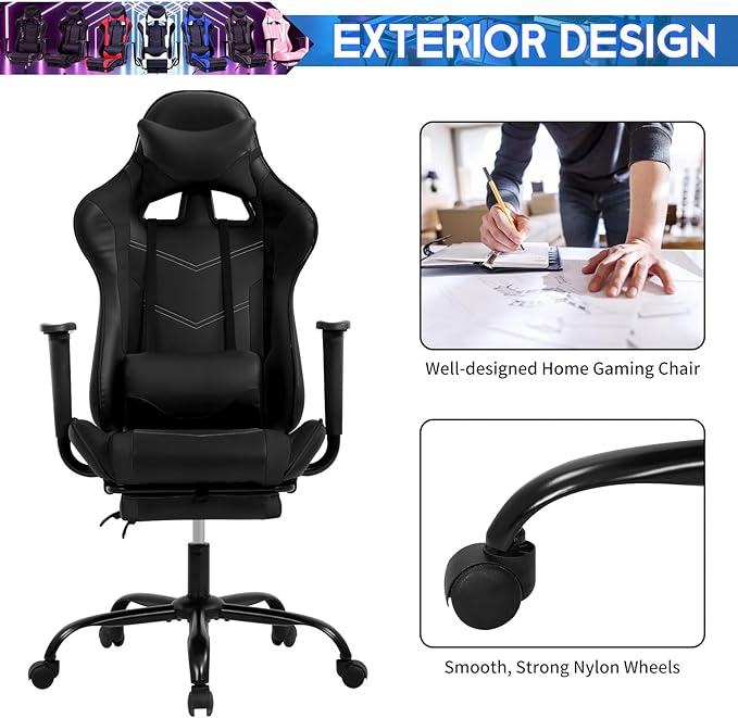 Gaming Chair with Footrest Reclining Video Game Chairs for Adults with Lumbar Support Headrest High-Back Home Office Computer Desk Chair PU Black-Black