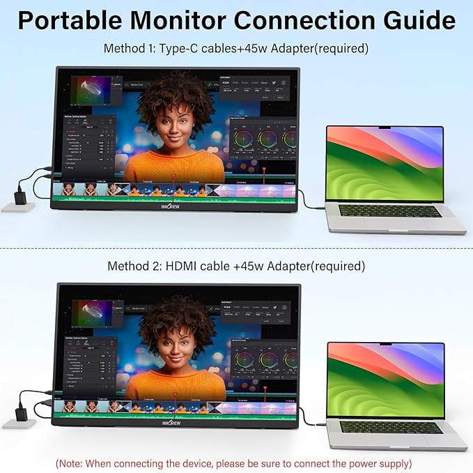 Innoview 23.8” 4K Large Portable Monitor UHD (3840*2160) 100%sRGB IPS Speakers USB-C HDMI Work Home Second Monitor W/180°Adjustable Stand for Laptop Desktop Macbook Phones Tablet PS5/4 Switch