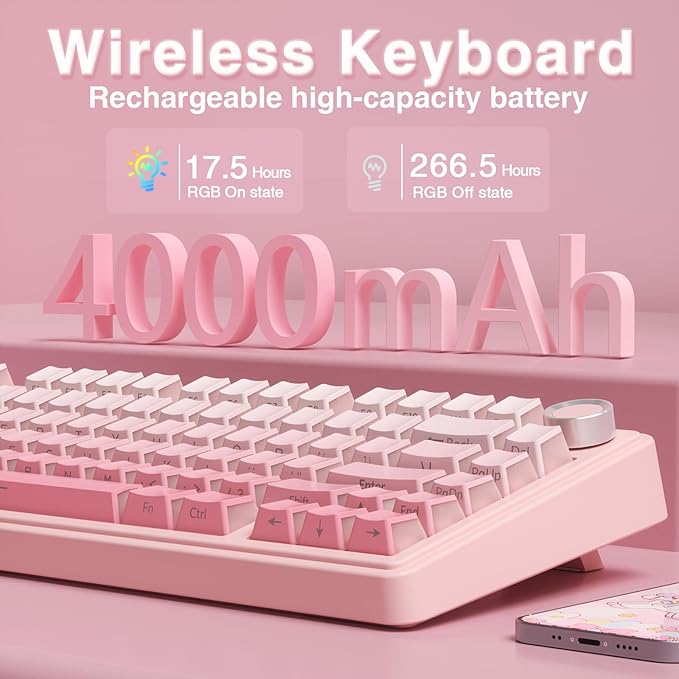 AULA F75 Pro Wireless Mechanical Keyboard Silent Version75% Hot Swappable Custom Keyboard with KnobRGB BacklitPre-lubed SwitchesSide Printed PBT Keycaps2.4GHz/USB-C/BT5.0 PC Gaming KeyboardsPink