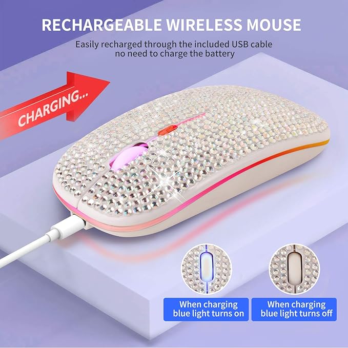 HXMJ Bling Dazzling Rechargeable 2.4GHz+5.2 Bluetooth Wireless Mouse Covered with Crystal Diamond RhinestoneRGB BacklitGreat Gift idea for Her (Silver)