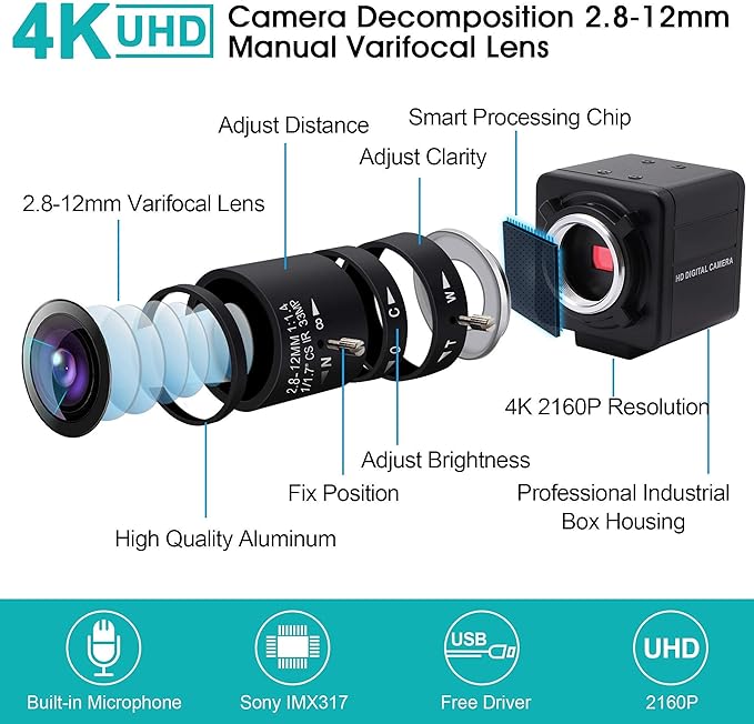 USB Camera 4K Ultra HD Mini Webcam with 2.8-12mm Optical Zoom Lens Camera High Speed USB2.0 30FPS Web Camera for MacWindowLinuxAndroid