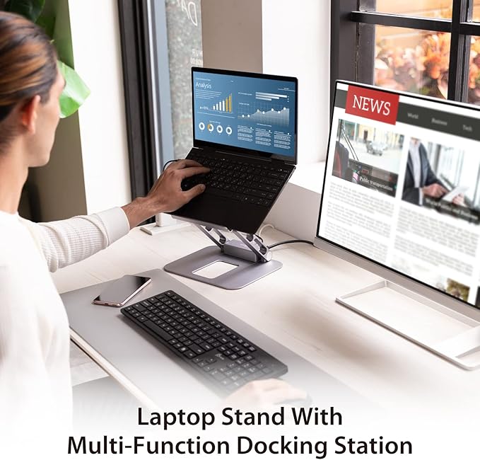 j5create Laptop Stand with USB C 4K HDMI Display Hub - 2 USB A 5Gbps PD 100W with USB-C 5Gbps | Aluminum Computer Riser for MacBook and Windows Notebook (JTS327)