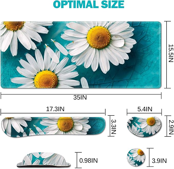 ARTSO Large Gaming Mouse Pad Set Keyboard Wrist Rest Support + Mouse Wrist Cushion + Extended Mousepad + Coaster 35x15.5in Multifunctional Desk Mat 4pcs Cute Daisy