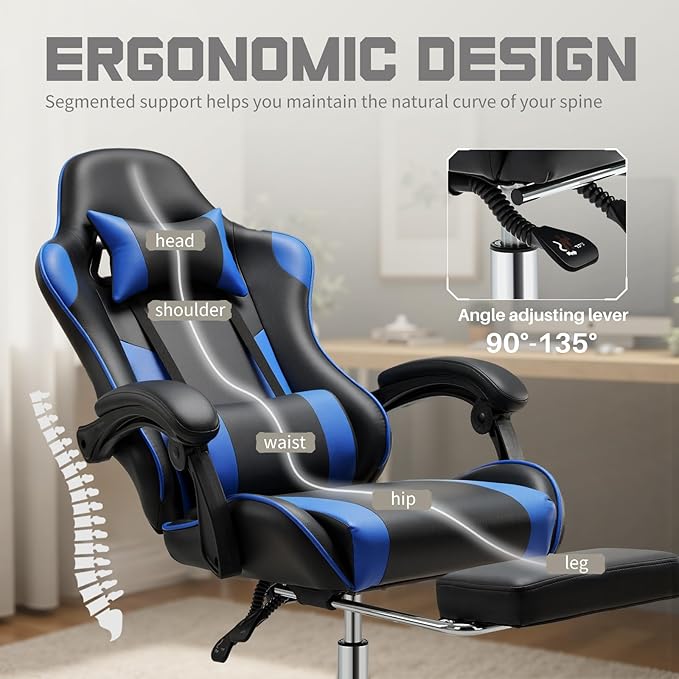 DUMOS Ergonomic Gaming Office Desk Chair with Linkage Armrests for Adults Height Adjustable Computer Chair with Footrest and Headrest PU Leather 360° Swivel Recliner with Lumbar Support Deep Blue