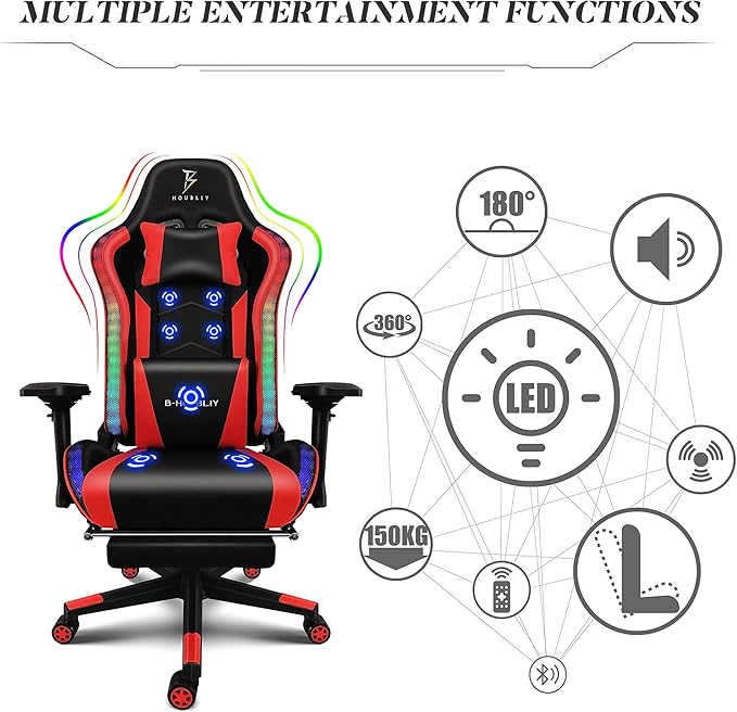 Gaming Chairs for Adults Massage Video Game Chairs with Speakers and RGB Lights Ergonomic High Back Computer Chair with Footrest and 4D Handrail PU Leather 360° Swivel Racing ChairRed