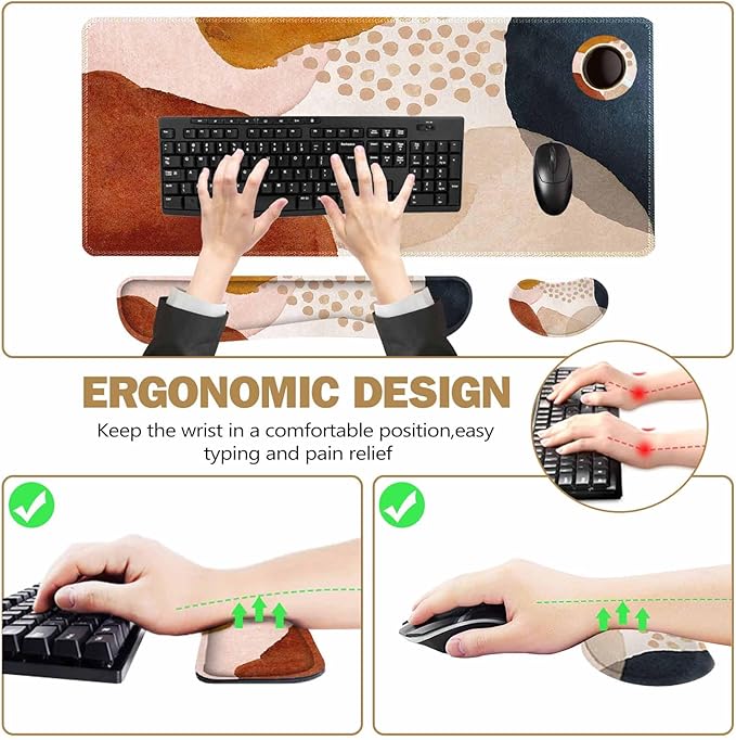 ToLuLu Extended Gaming Mouse Pad Memory Foam Ergonomic Keyboard Mouse Wrist Rest Support Set Large Desk Mat with Stitched Edges Non-Slip Base Mousepad for Home Office and Game Brown Boho Art