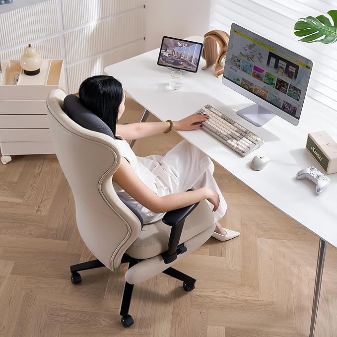EMIAH Ergonomic Office Chair with Foot Rest Reclining Office Chair with Adjustable Arms and Headrest High Back Gaming Chair with Lumbar Support PU Leather(Beige)