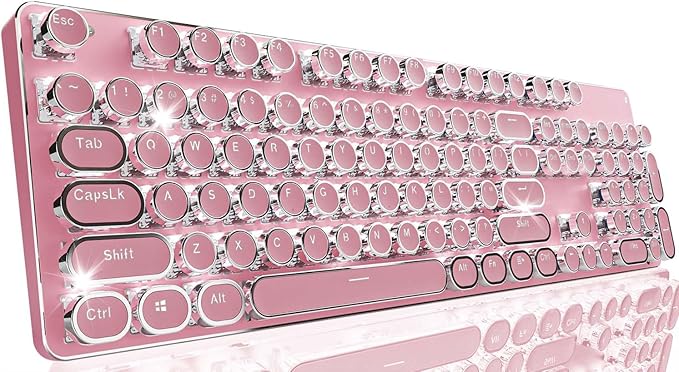 EWEADN TK950 Typewriter Keyboard Wireless Mechanical Keyboard 104 Keys Aesthetic Typewriter Keyboards with White Backlit Anti-Ghosting Blue Switch Bluetooth/2.4GHz/Wired Keyboards-Pink