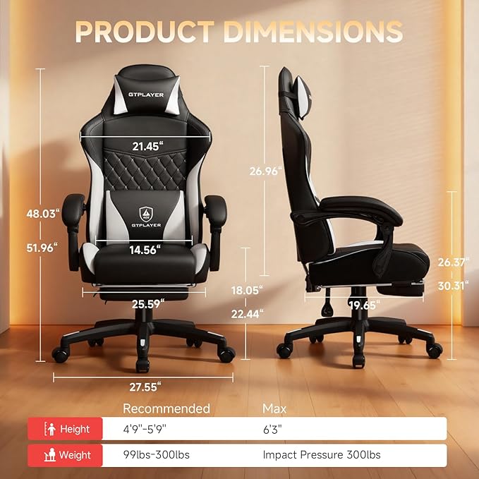 GTPLAYER Gaming Chair High Back Leather Computer Gaming Chair with Footrest Ergonomic Height Adjustable Office Chair with Removable Cover and Lumbar Support for Gaming and Work (WT)