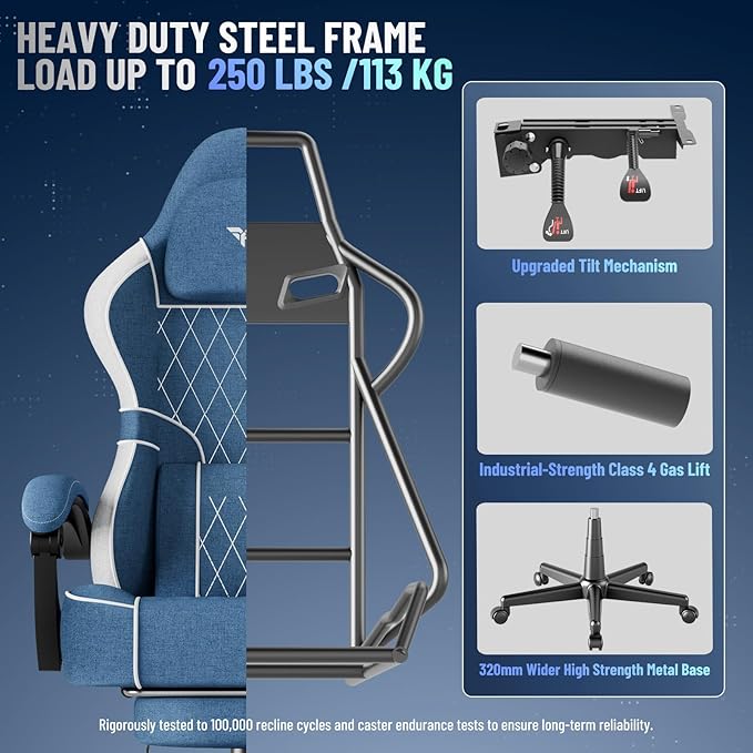 Ferghana Breathable Fabric Ergonomic Gaming Chair with Footrest and Linkage Armrest High Back Computer Game Chair with Massage Lumbar Support for Adult(Blue)