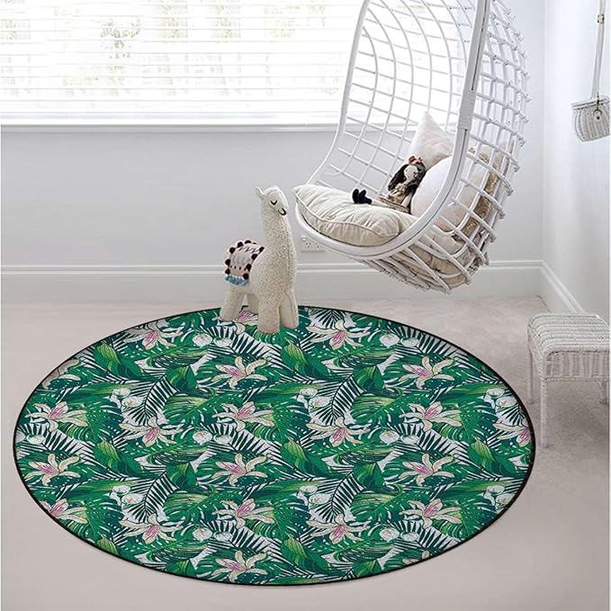 Green Olive Green Round Area Rug Swivel Chair Mats for Hardwood Floor Washable Waterproof Spill Mat Anti-Slip Floor Protector Rainforest Jungle Foliage Pattern Diameter 47.2 in