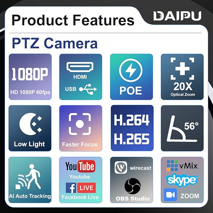 PTZ Camera 20X Optical Zoom 60fps HDMI USB SDI LAN PoE AI Auto Tracking PTZ Conference Camera for Church Live Streaming Video Conference Event Education Broadcast with Youtube Facebook Live Zoom