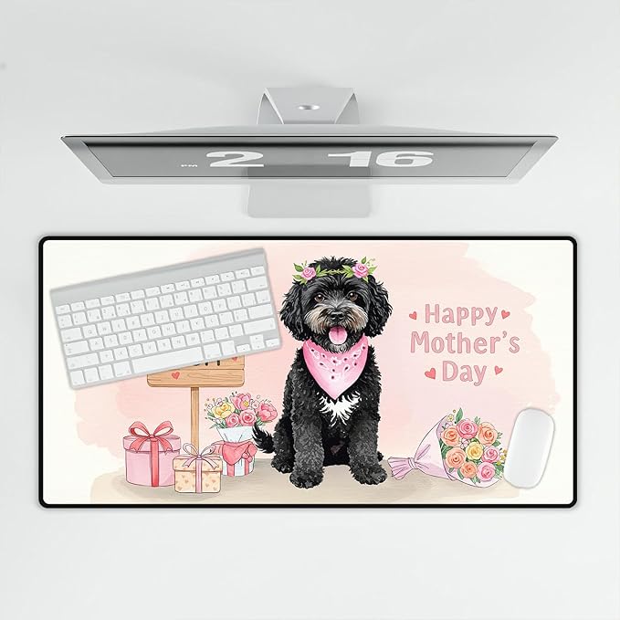 Happy Mother's Day Portuguese Water Dog Love Dog Mom Heart Flower Desk Mat Full Keyboard Mouse Pad PWD Portie Fishing Dog Lover Large Mousepad 12004