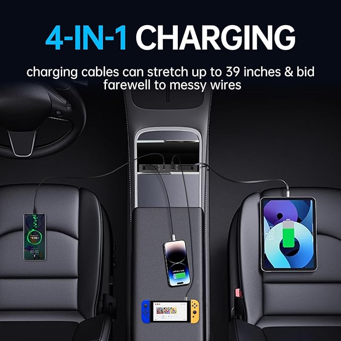 USB Hub for Tesla Model Y Juniper 2025 2026 Model 3 Highland 2024 2025 with Sunken Design 99W 4 in 1 Multi Ports Fast Charger with Retractable Cable Docking Station fit Center Console Adapter