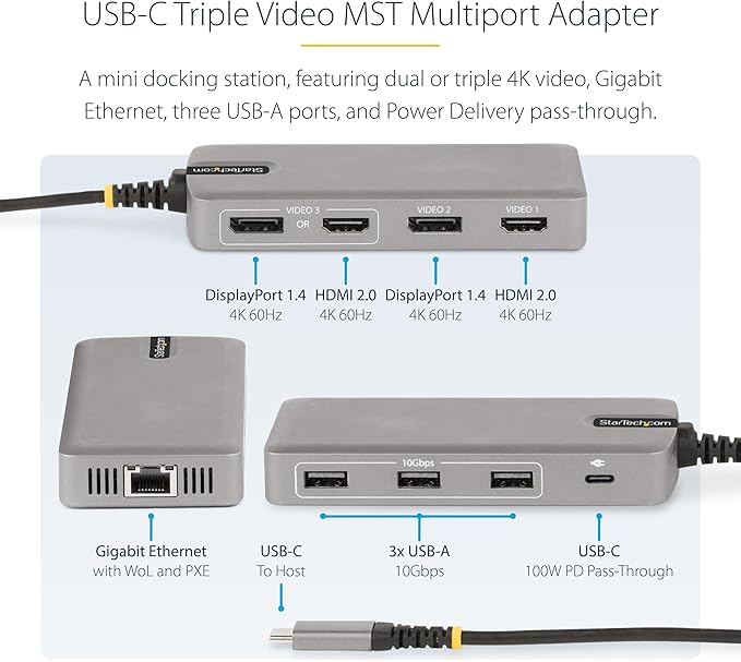 StarTech.com USB-C Docking Station for Windows and ChromeOS Triple 4K HDMI DP Video USB 10Gbps Hub 100W Laptop Charging GbE