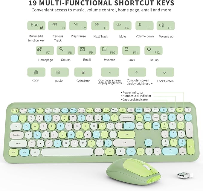 Wireless Keyboard and Mouse Combo Colorful Ergonomic Full Size Retro Low-Noise Keyboard with Cute keycaps Compatible with Windows PC Perfer for Home and Office Keyboards (Green)
