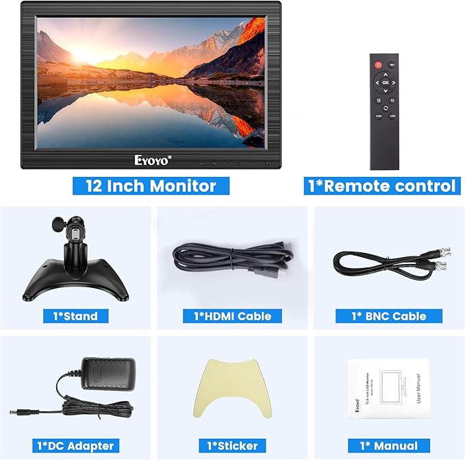 Eyoyo 12 Inch TFT LCD Monitor with AV HDMI BNC VGA Input 1366x768 Portable Mini HD Color Screen Display with Built-in Speaker
