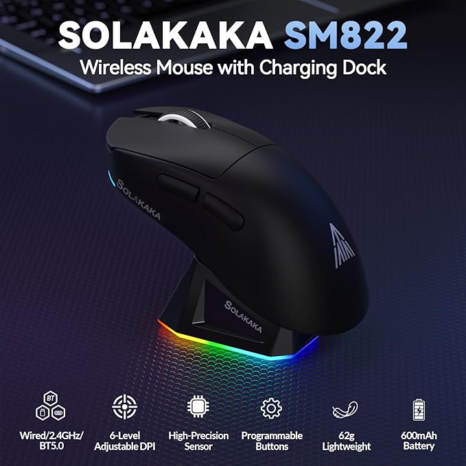 SOLAKAKA SM822 Wireless Gaming Mouse with RGB Charging Dock Tri-Mode Wireless Mouse PAW3311 Optical Sensor Up to 24000DPI 62g Lightweight Mouse with 5 programmable Buttons for PC Laptop (Black)