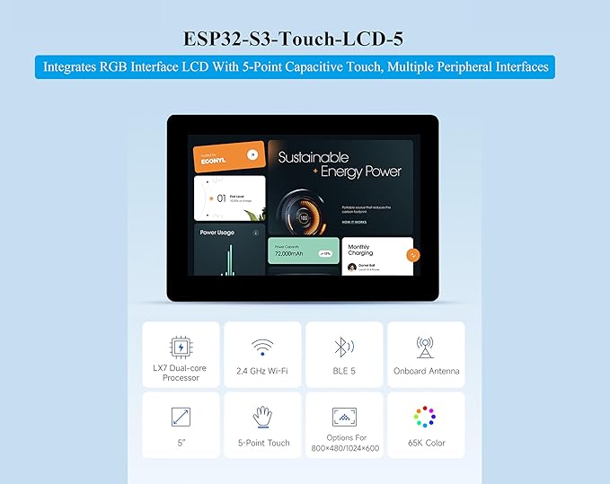 ESP32-S3 5inch Capacitive Touch Screen Development Board 5-Point Touch LCD Display 1024 x 600 Pixel 32-Bit LX7 Dual-Core Processor Support W-i-F-i&ampB L E with Onboard Antenna (Upgraded Ver )