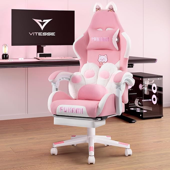 VITESSE Pink Gaming Chair for Girl with Cat Paw Lumbar Cushion and Cat EarsErgonomic Computer Chair for Girl with Footrest and Headrest Comfortable Reclining PC Game Chair for AdultKid (White)