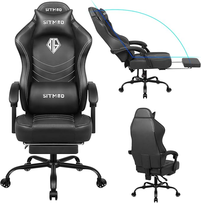 Gaming Chair for Adults Computer Chairs with Footrest and Lumbar Support Ergonomic PU Leather Game Chair with Headrest Height Adjustable PC Gamer ChairsBlack