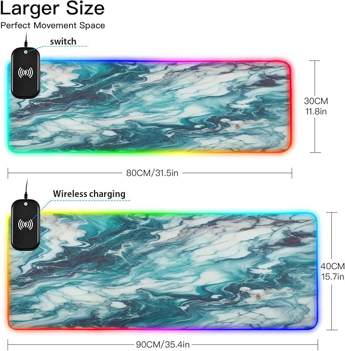 Turquoise Blue Marble Gaming Mouse Pad Led Mousepads RGB Backlit with 14 Lighting Modes Non Slip Base Soft Computer Keyboard Mat for Gaming PC Laptop Desk S