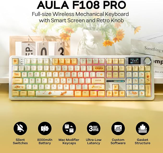 EPOMAKER X Aula F108 PRO Wireless Gaming Keyboard with Screen 8000mAh Battery 104 Hot-Swappable and Programmable Keys and Knob RGB Backlight for Mac/PC/Android (Grey&ampYellow)