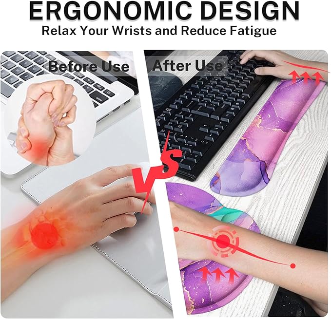 Arttown Purple Blue Marble Desk Mat Painting Golden Mouse Pad Set with Wrist Support 4-in-1 Large Mousepad+Keyboard Wrist Rest+Mouse Wrist Rest+Coaster with Ergonomic Design Non-Slip Mat