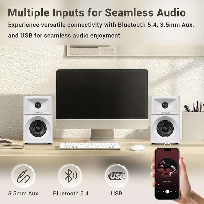 Sanyun SW203 4.0 Computer Speakers - 60W 4-Way DSP Control 3D Immersive Sound - 3 Carbon Fiber Woofer &amp 20mm Silk Dome Tweeter - 24bit DAC USB/Bluetooth 5.4/AUX - Studio-Grade Audio (Pair White)