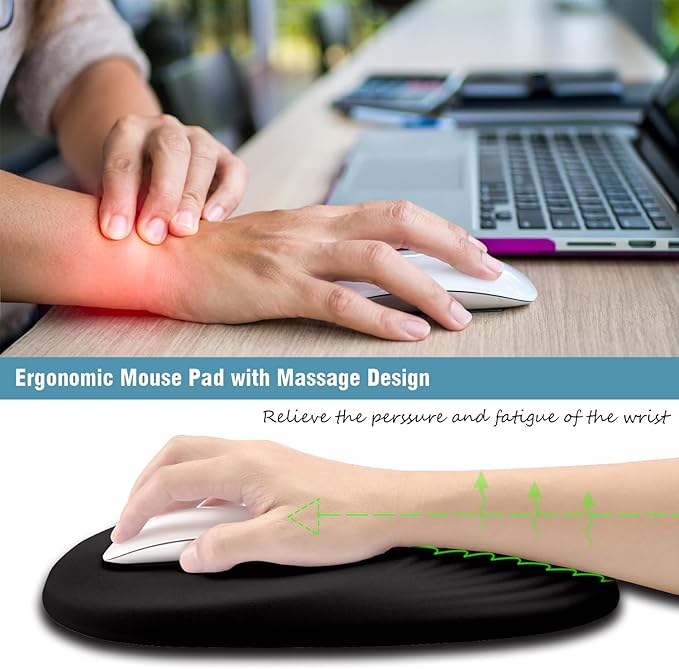 Black Ergonomic Mouse Pad Wrist Support Mouse Pad with Wrist Rest Memory Foam Massage Design &amp Non-Slip PU Base Cute MousePads for Pain Relief Desk Office Home