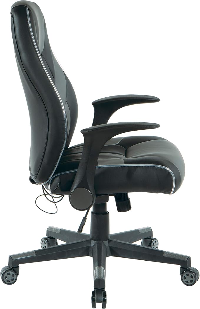 OSP Home Furnishings Output Mid-Back LED Lit Gaming Chair with Thick Padded Seat and Lumbar Support Black Faux Leather with Grey Trim and Accents
