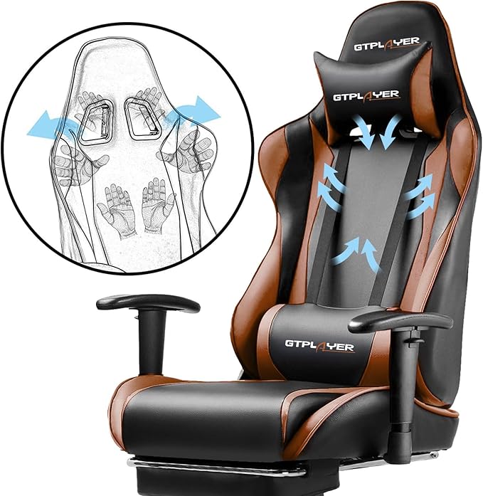 GTPLAYER Gaming Chair with Footrest Ergonomic Computer Game Desk Chair Reclining Gaming Chair Seat Height Adjustment Swivel Rocker with Headrest and Lumbar (Brown)