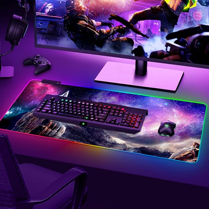 ARTSO RGB Gaming Mouse Pad Large Extended Soft Led Mouse Pad with 14 Lighting Modes 2 Brightness Water Resist Keyboard Pad Computer Mousepads Mat 35.4x15.7inch Starry Mountains