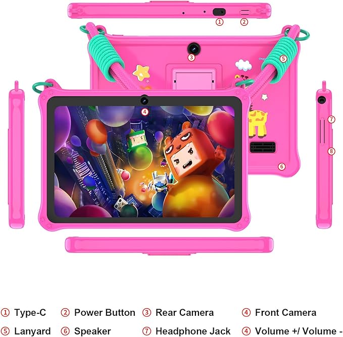 PRITOM Lanyard Kids Tablet 7 inch 32GB Toddler Tablet Android 13 with WiFi Dual Camera Education Games Kids Software Pre-Installed Parental Control Pink