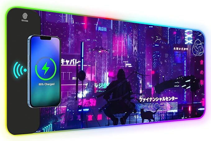 RGB Mouse Pad with 15W Wireless Charging Purple Anime Neon Extended Large LED Gaming Mouse Pad Non-Slip Rubber Base 10 Light Modes Desk Pad for Home Office-Warrior Cat
