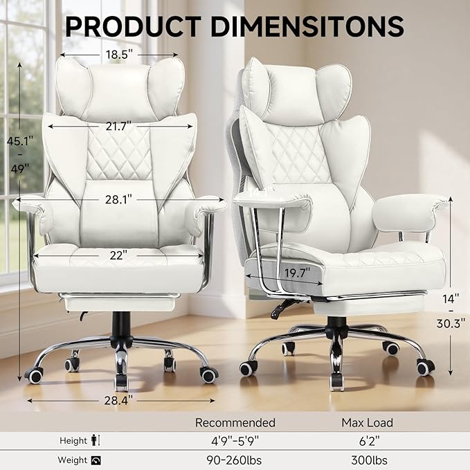 COMHOMA Big and Tall Office Chair High Back Leather Gaming Chair with Footrest Executive Ergonomic Office Chairs with Pocket Spring Lumbar Support and with Outward Fixed Soft Armrests