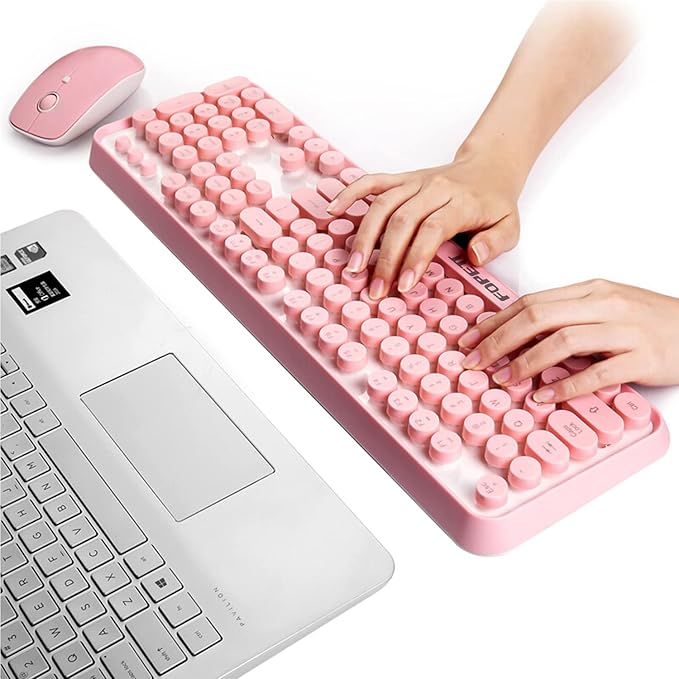 FOPETT Keyboard and Mouse Sets Wireless Reliable 2.4 GHz Connectivity for PCLaptopSmart TV and More (Pink)