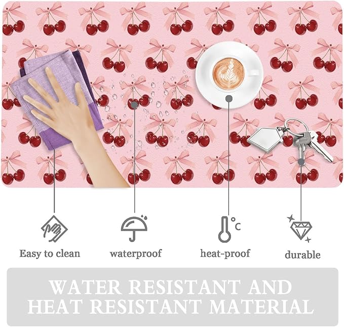 Cute Bow Cherry Pink Extended Gaming Keyboard Mouse Pad Non-Slip Leather Home Office Desk Mat Protector Laptop Desk Pad Writing Pad